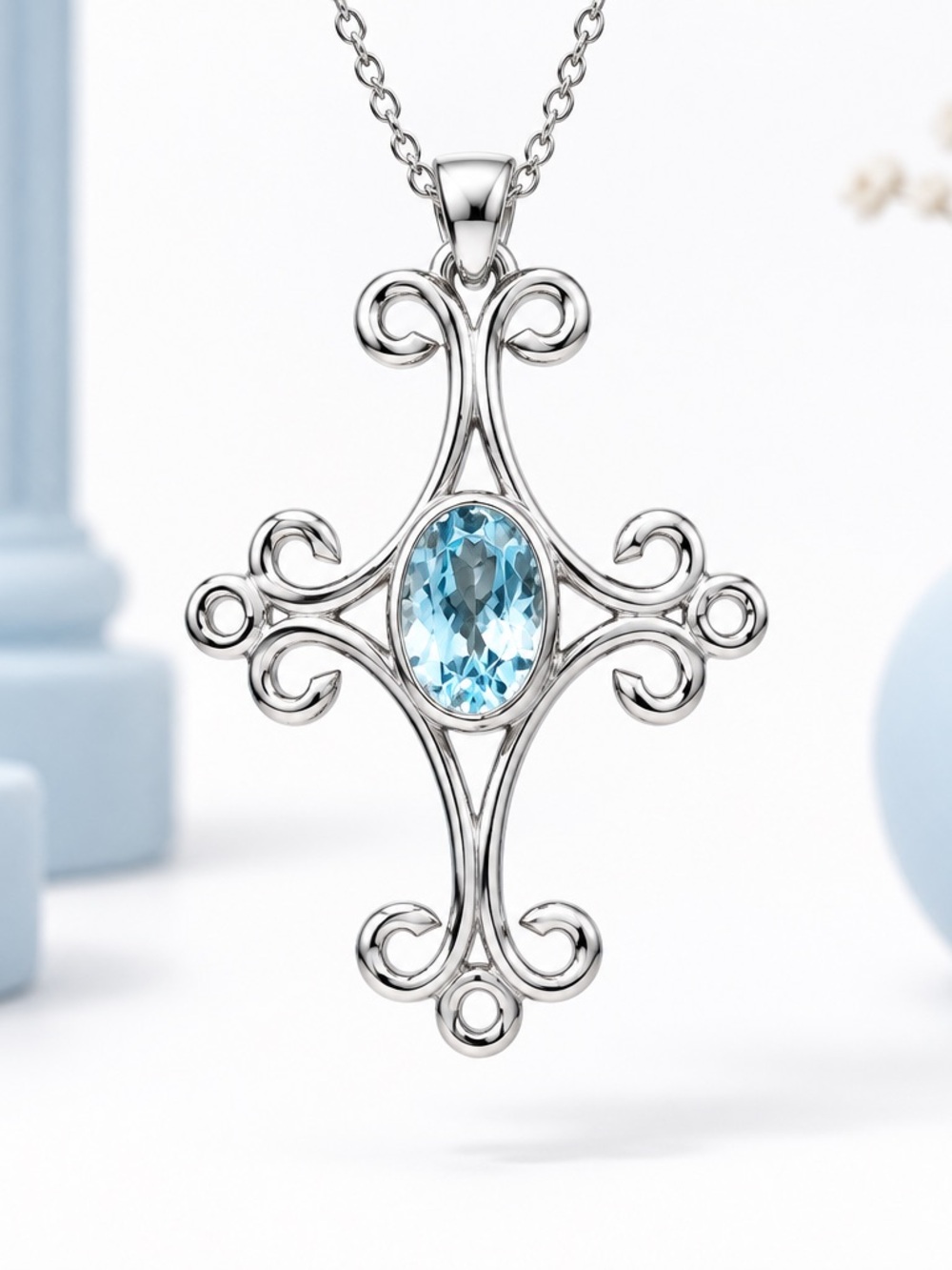Sterling Silver Swiss Blue Topaz Cross Pendant